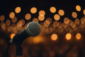 image of microphone with soft lights behind it